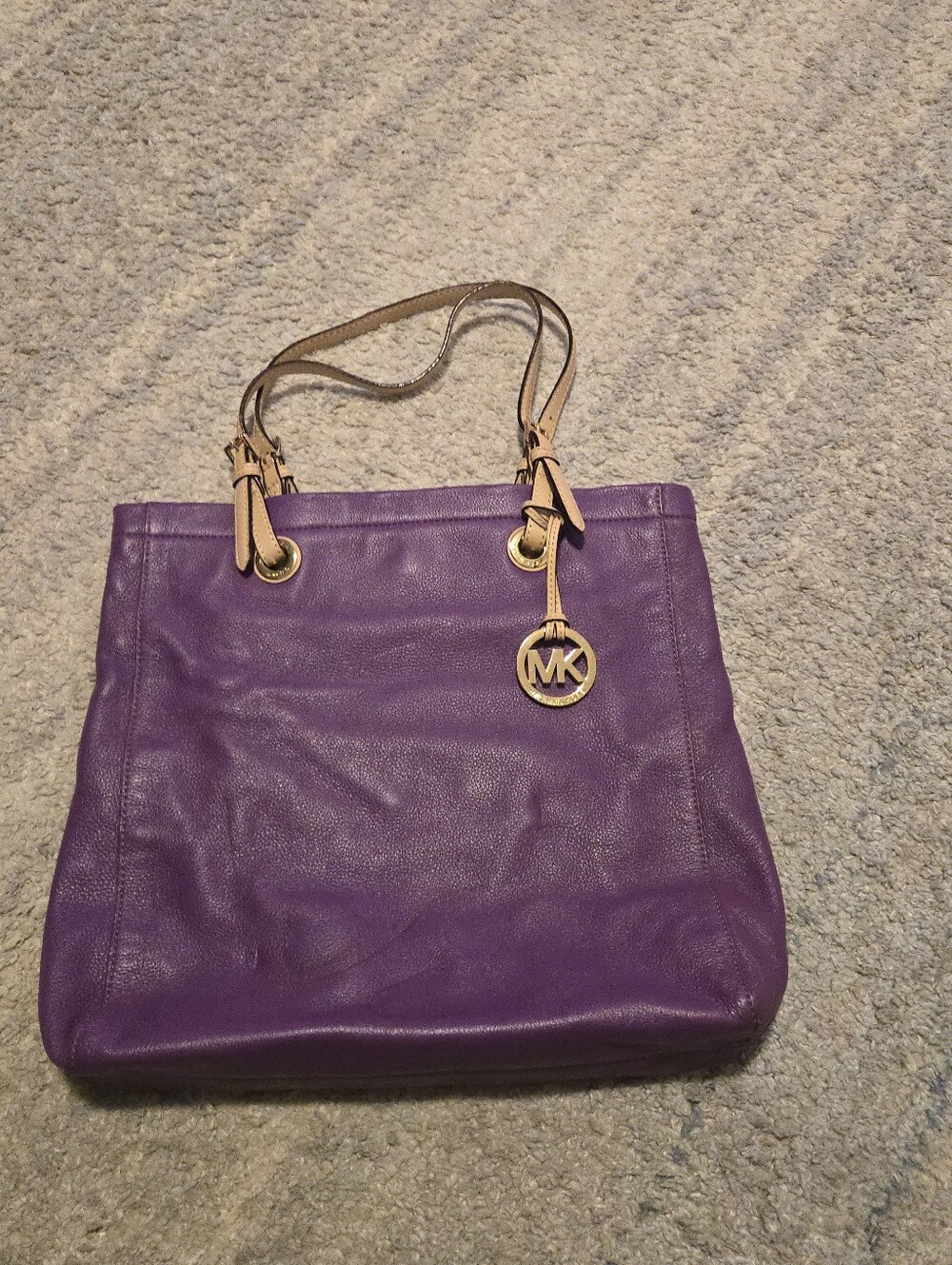 Michael Kors Purple Pebbled Leather Tote Bag Shoulder Purse MK Charm Large